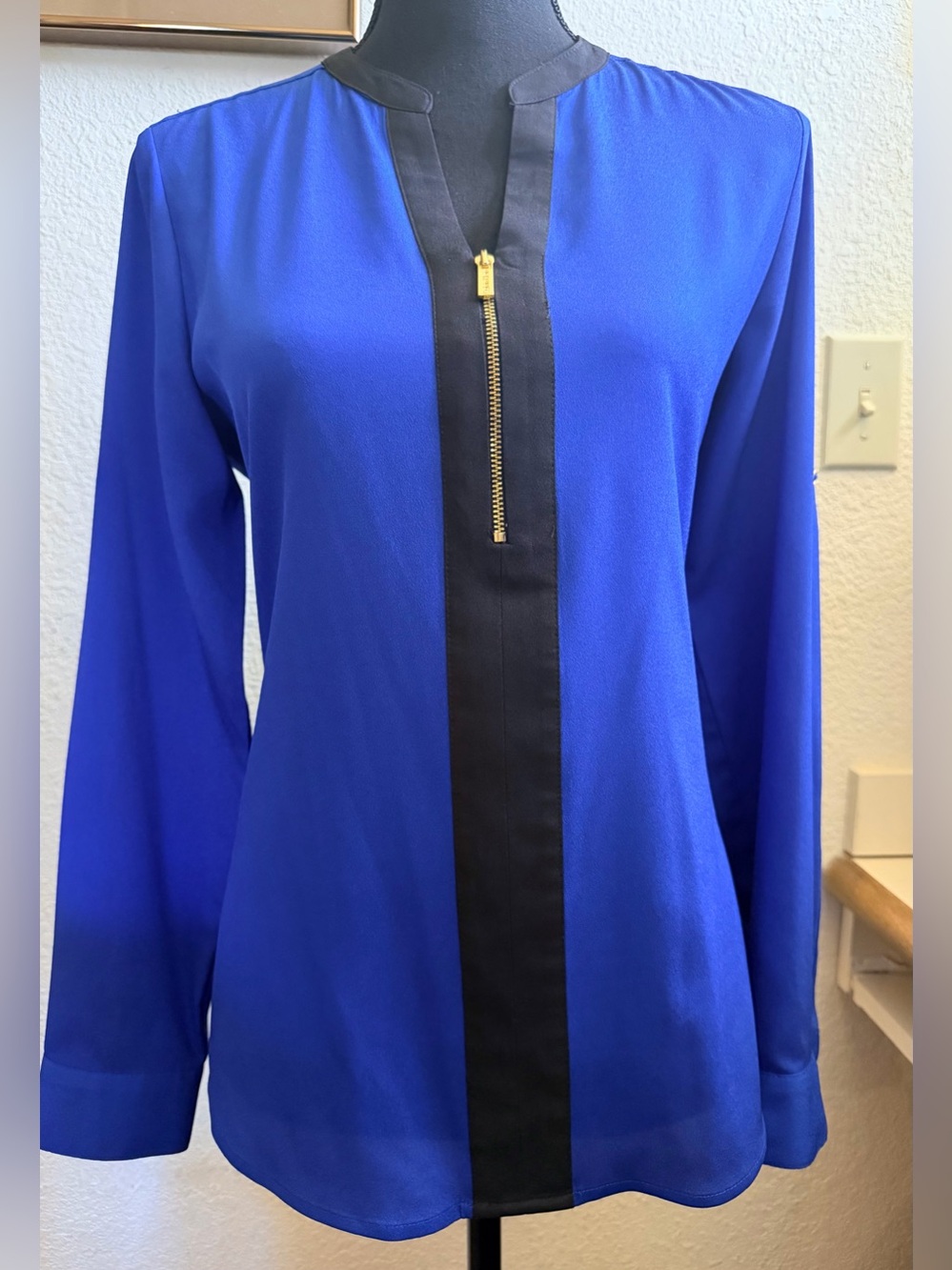 Calvin Klein Cobalt Blue Long Sleeve Blouse with Black Trim & Gold Zip
